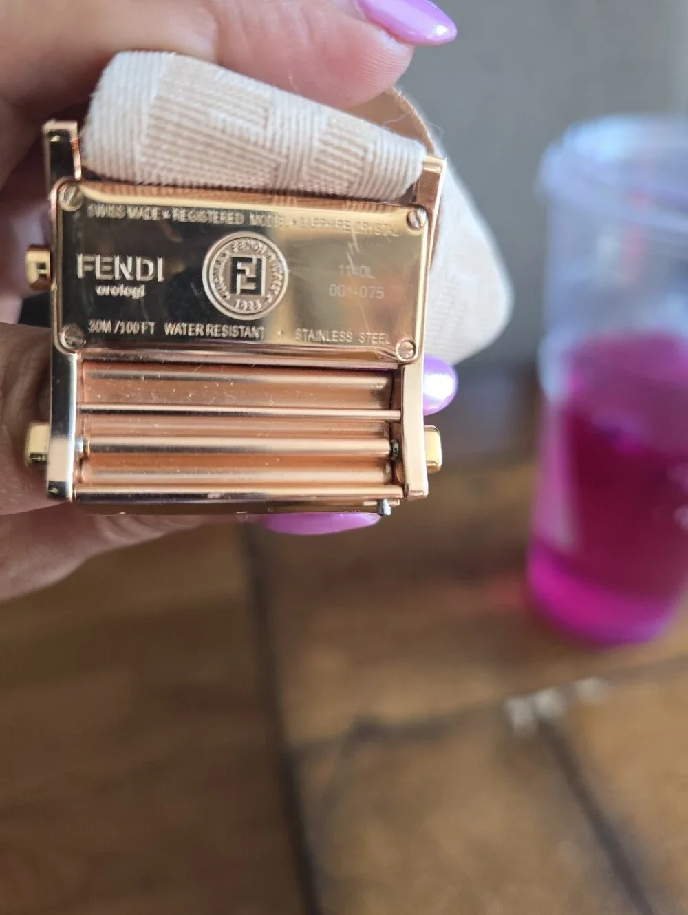 Fendi Rose Gold-Tone Rectangular Dial Watch with Cream Color ZUCCA Fabric Strap